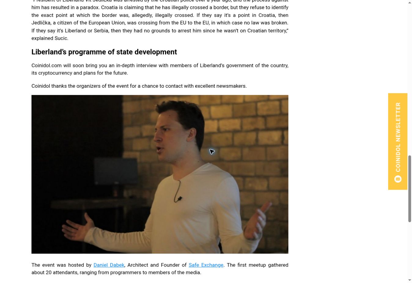 Photograph of Daniel Dabek at the Belgrade Bitcoin meetup in CoinIdol’s April 2017 report.