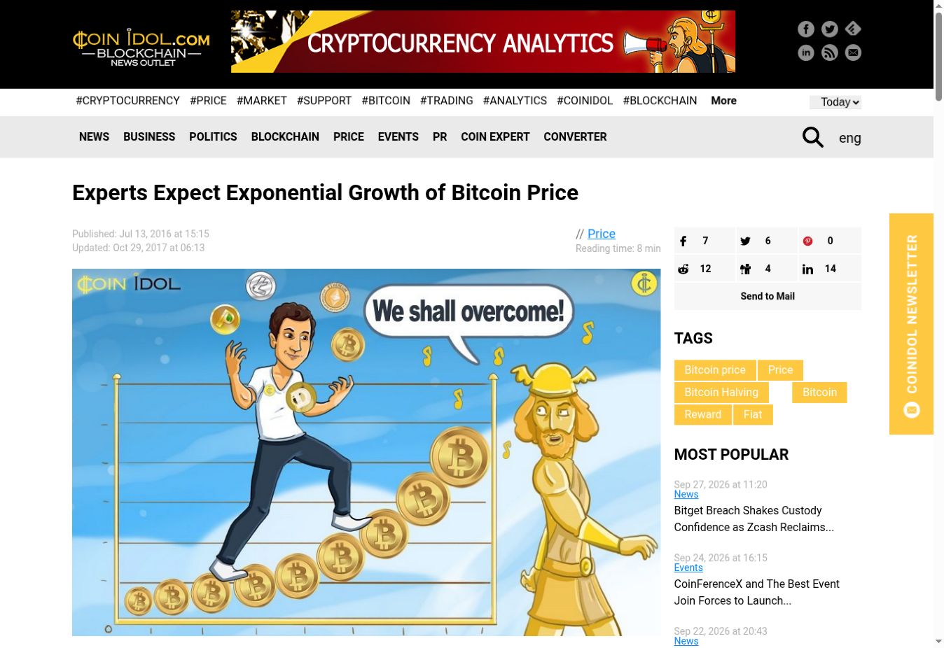 CoinIdol article about Bitcoin growth, showing its July 2016 publication and October 2017 update dates.
