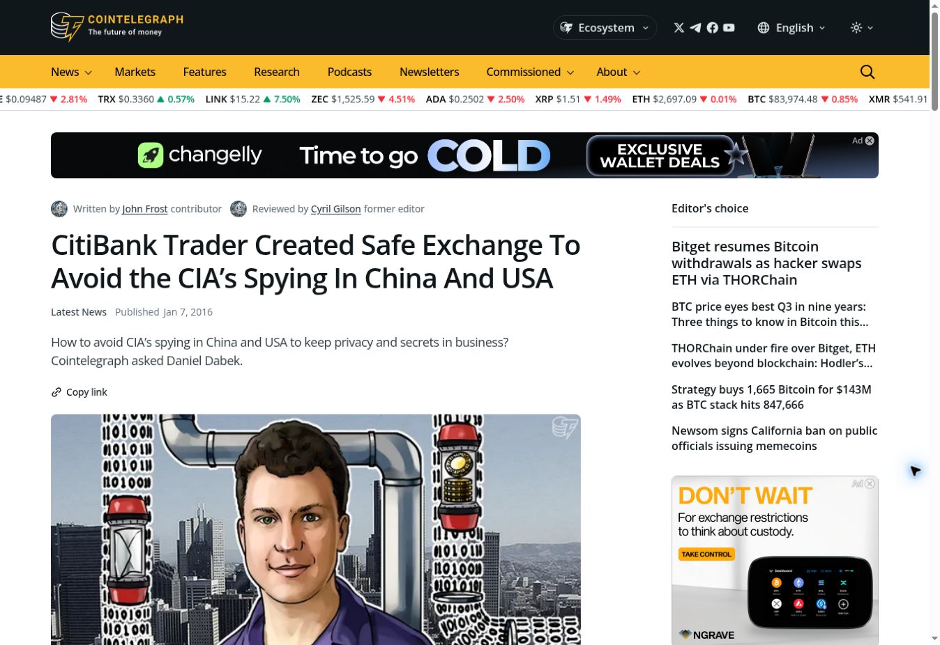 Cointelegraph’s January 7, 2016 interview with Daniel Dabek about Safe Exchange.