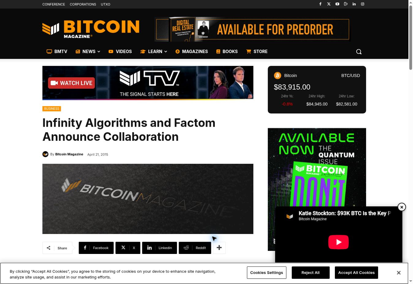 Bitcoin Magazine’s Infinity Algorithms and Factom collaboration announcement, dated April 21, 2015.