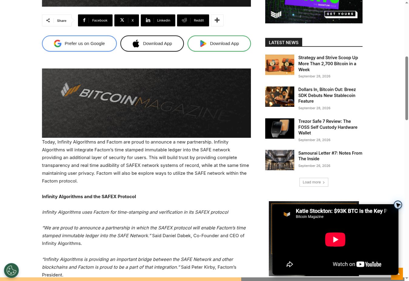 The announcement names Daniel Dabek, Peter Kirby and the SAFEX protocol.