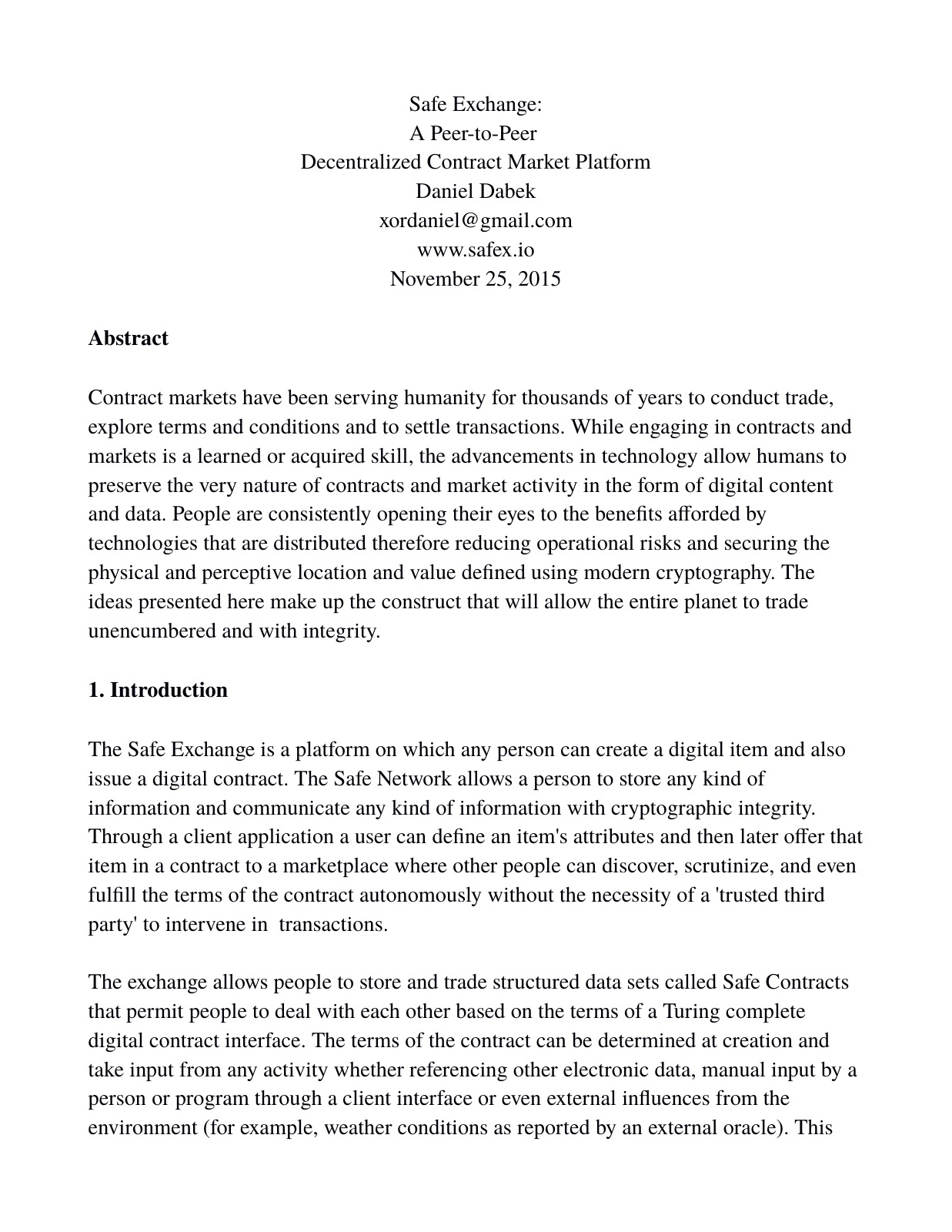 Safe Exchange whitepaper cover naming Daniel Dabek and dated November 25, 2015.