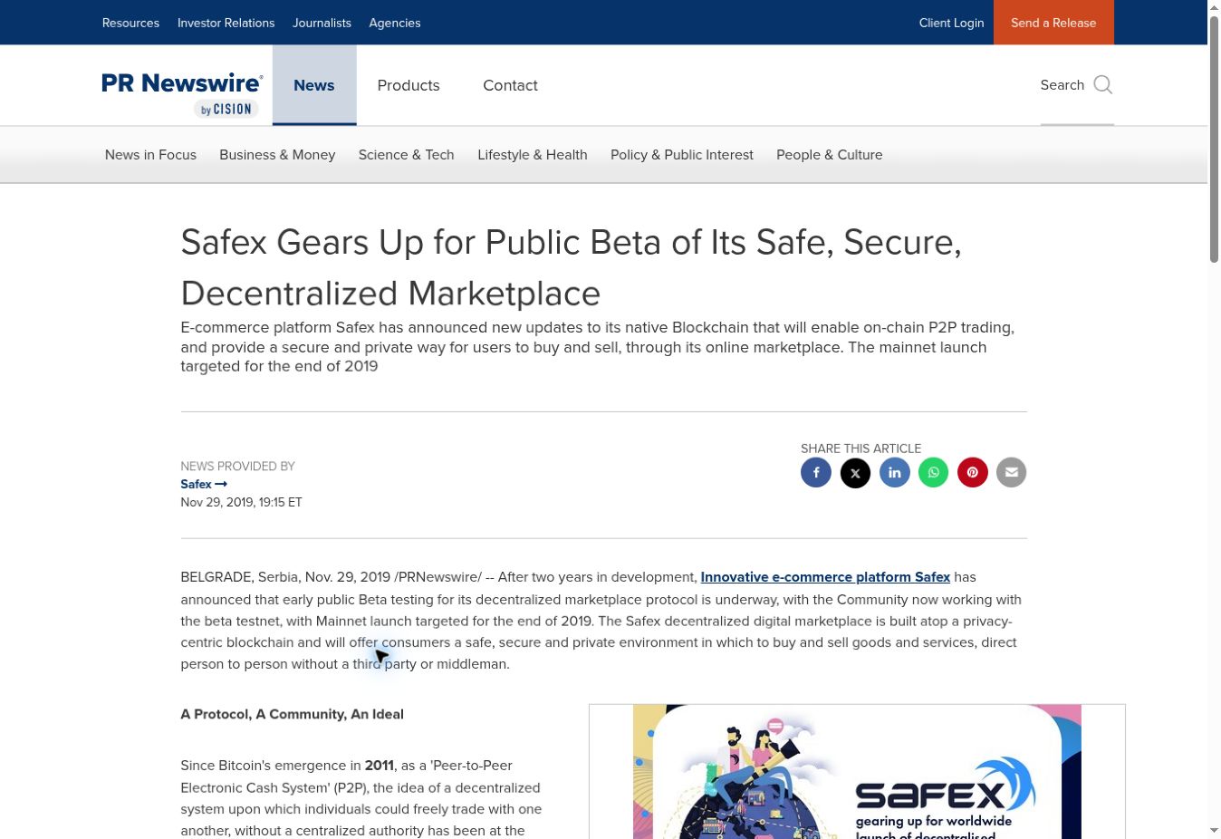 Safex’s November 29, 2019 public-beta announcement on PR Newswire.
