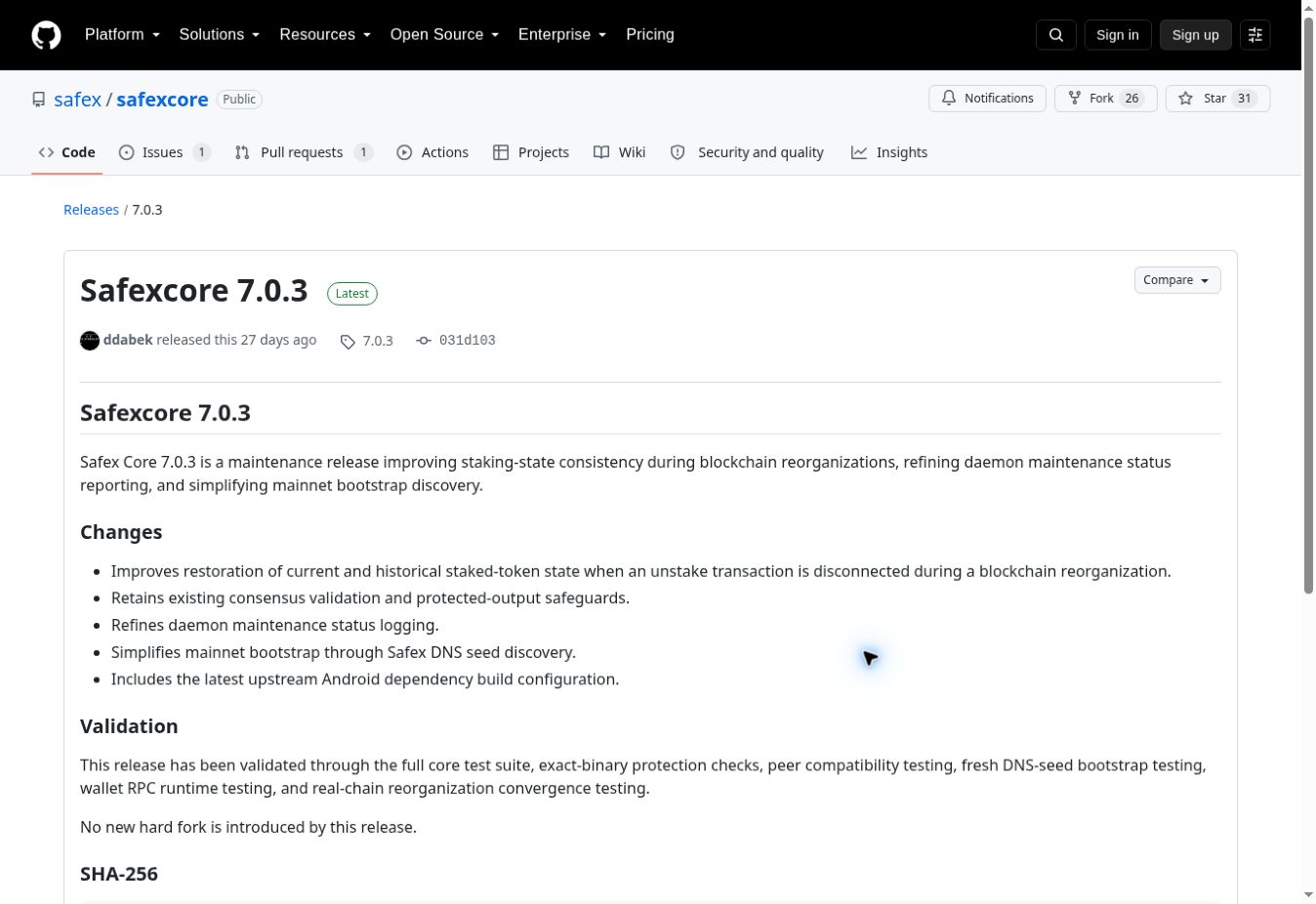 Safexcore 7.0.3 GitHub release by ddabek with its maintenance notes.