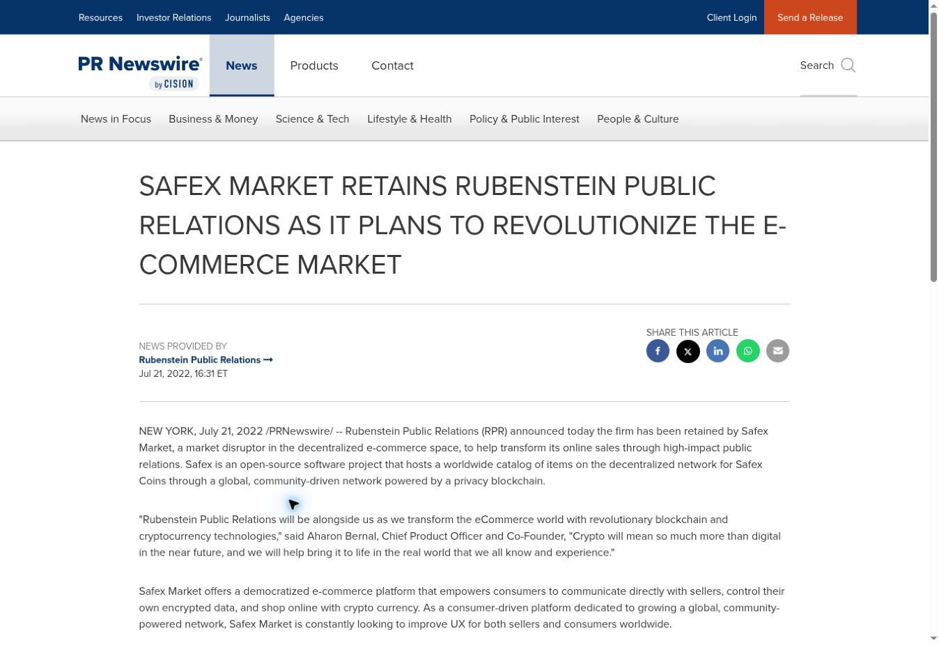 July 21, 2022 PR Newswire release about Safex Market, containing a description of the Safex Foundation’s supporting role.