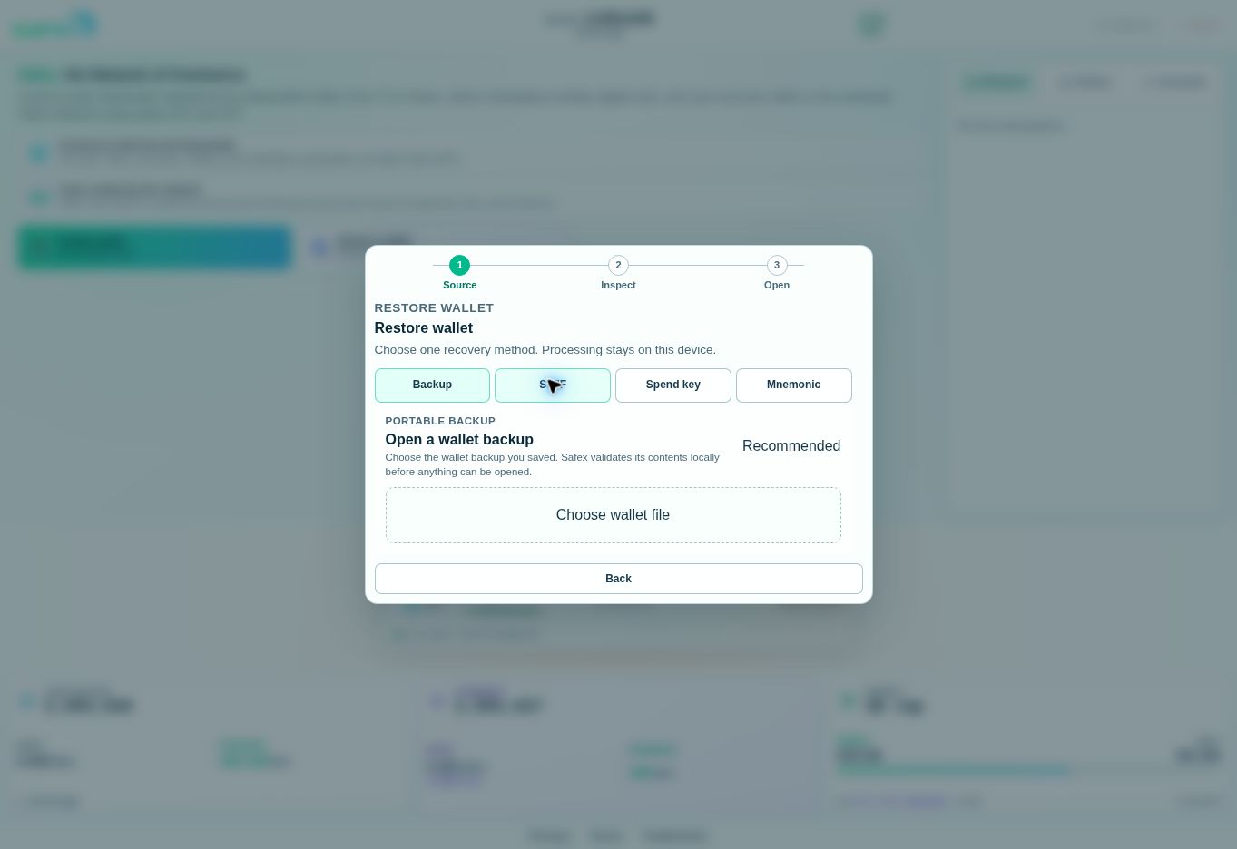 Restore a Safex wallet with a saved SWIF Restore wallet interface with the SWIF method selected and an empty SWIF recovery field.