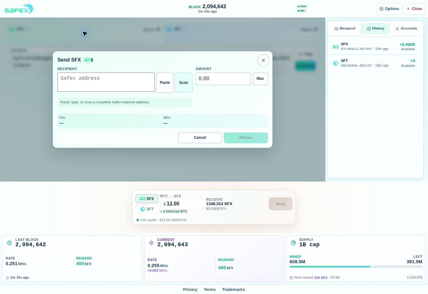 Prepare a Safex Cash payment Send SFX dialog showing five SFX available, empty Recipient and Amount fields, Fee and After previews, and a disabled Review button.