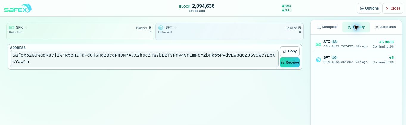 The same incoming payments move into wallet History History tab showing incoming SFX and SFT entries of plus five, each marked Confirming 1/6, while the balances show five and unlocked amounts remain zero.