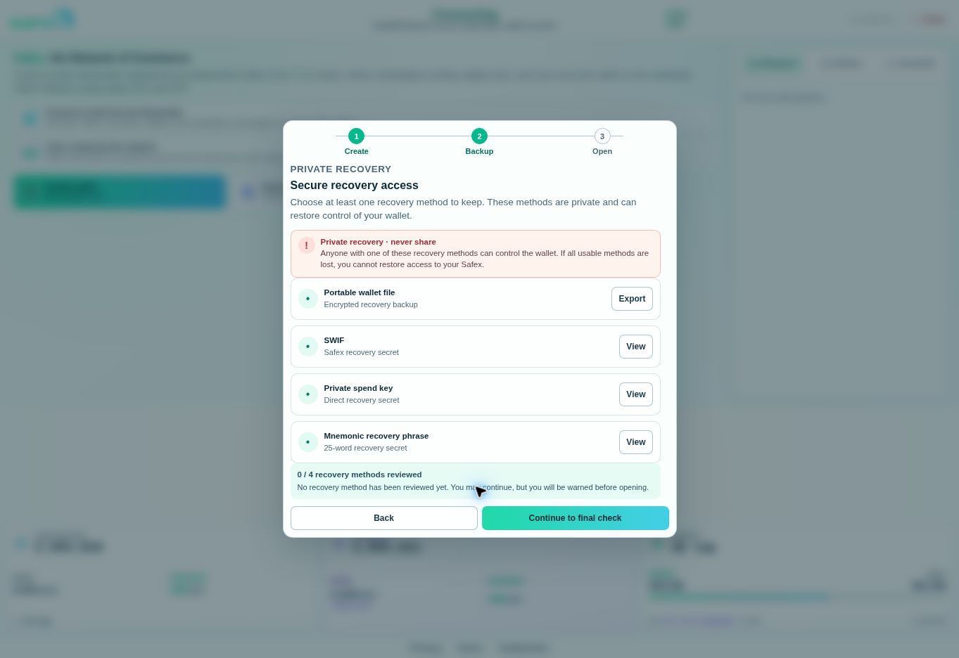 Four ways to recover a Safex wallet Secure recovery access screen listing a portable wallet file, SWIF, private spend key and a 25-word mnemonic recovery phrase.