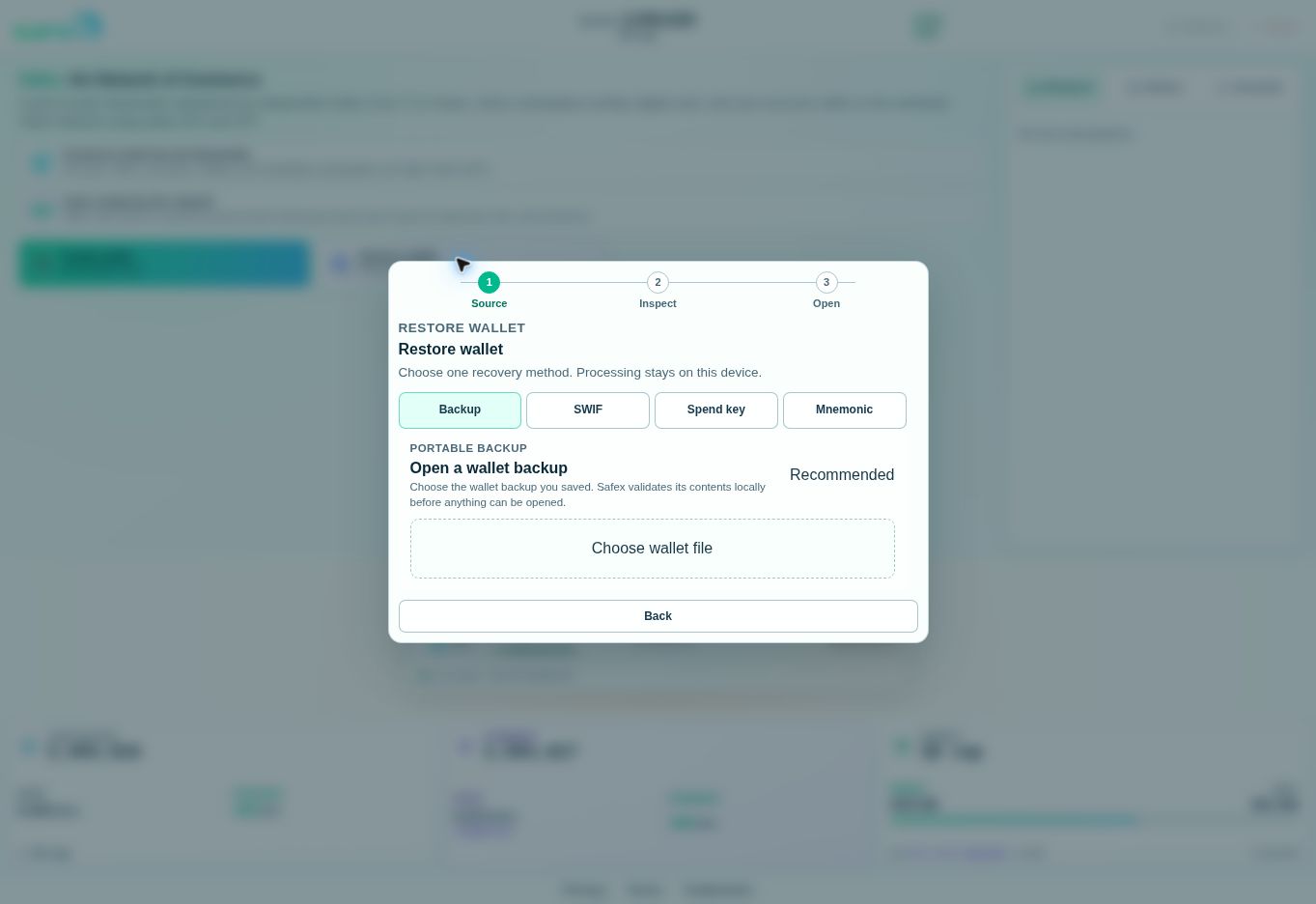 Restore a Safex wallet from its saved file Restore wallet screen with Backup selected, a Choose wallet file control, and SWIF, Spend key and Mnemonic alternatives.