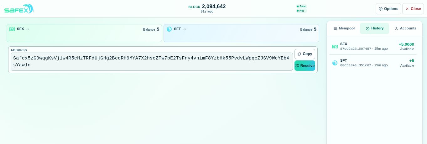 Both faucet payments are available in the restored wallet Restored Safex wallet showing balances of five SFX and five SFT, with both incoming History entries marked Available.