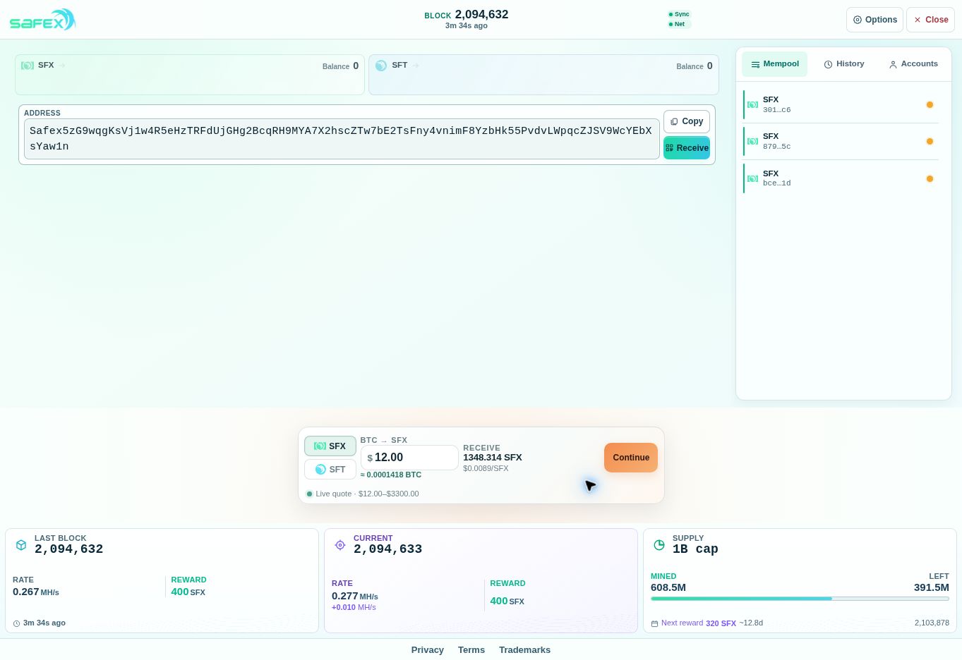 A new Safex wallet before receiving starter coins Opened tutorial wallet with a public address, Copy and Receive controls, and balances of zero SFX and zero SFT.