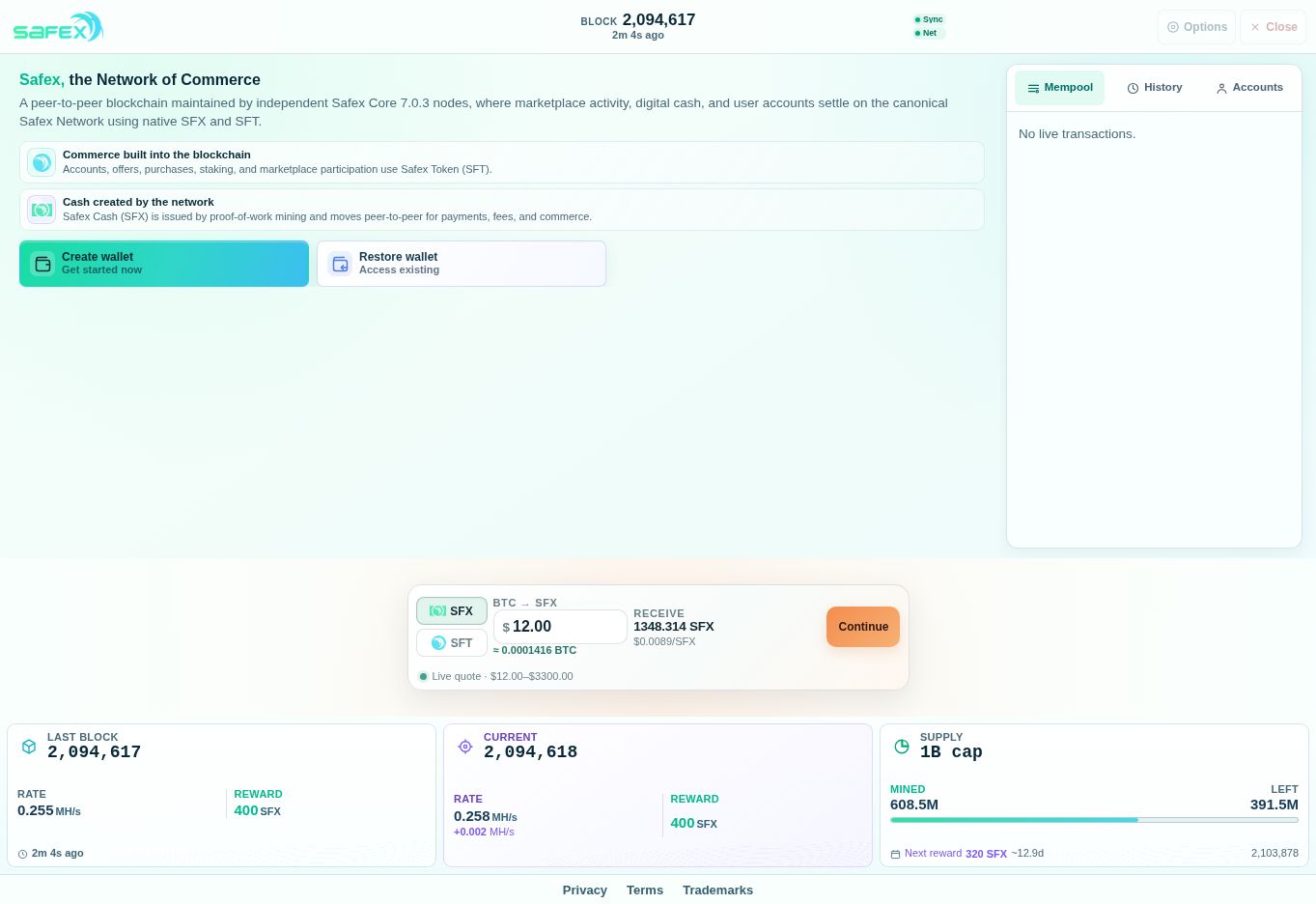 Safex wallet — Create wallet and Restore wallet Safex home screen showing Create wallet and Restore wallet on the left, with the Mempool activity panel on the right.