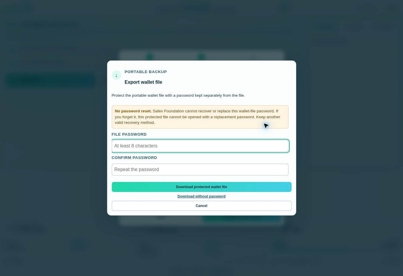 Save a password-protected Safex wallet backup Export wallet file dialogue with File password, Confirm password and Download protected wallet file controls.