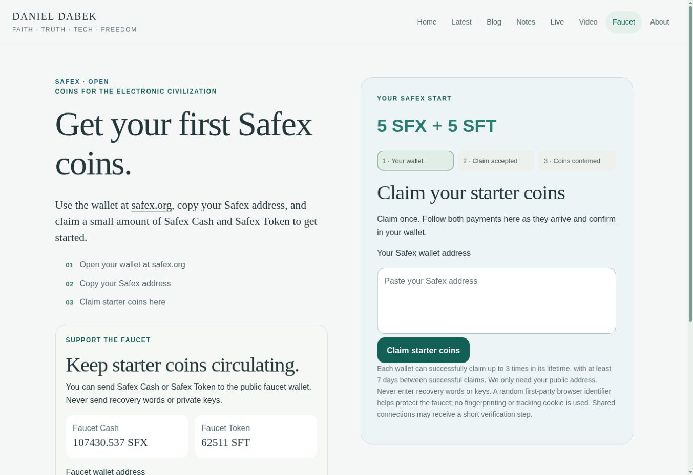 Claim starter coins with your public Safex address Staging faucet showing 5 SFX plus 5 SFT and the Your Safex wallet address field above Claim starter coins.