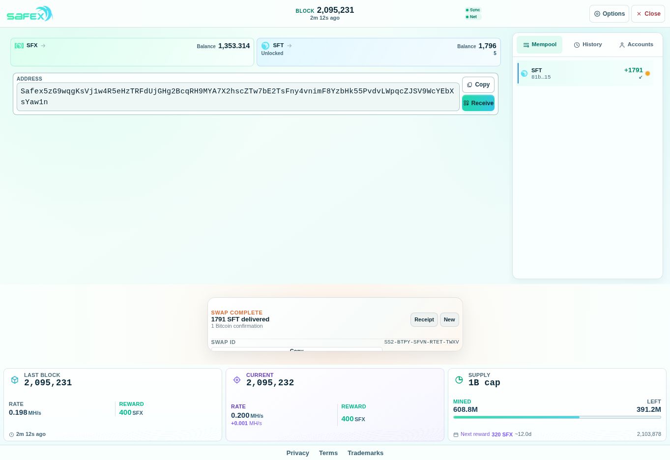 Purchased Safex Token arriving in Mempool Safex Mempool shows an incoming SFT transaction for plus 1,791 tokens, with the wallet balance at 1,796 SFT.