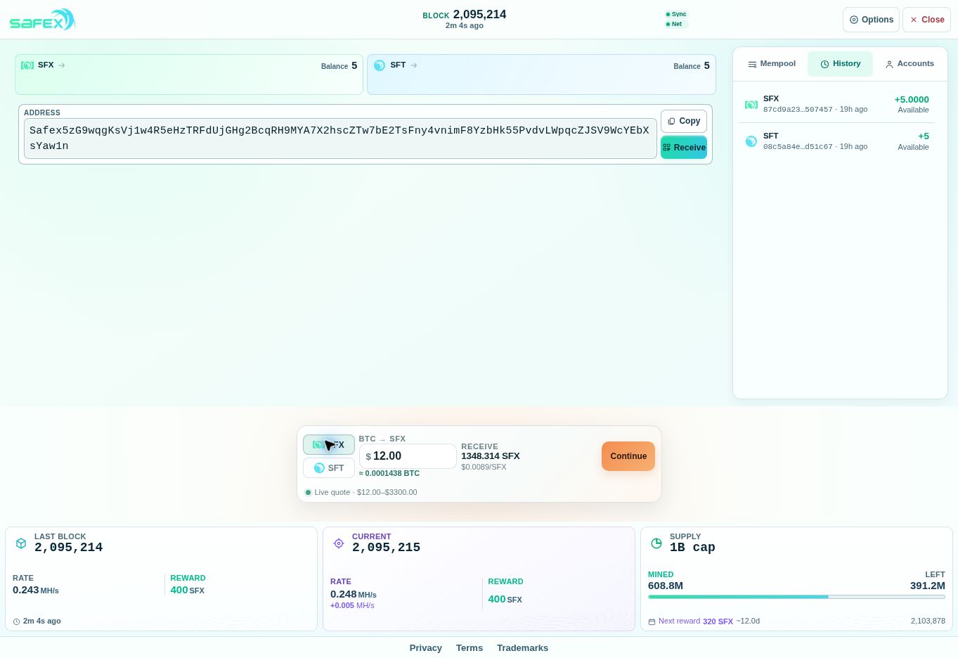The same wallet, ready for a purchase Safex wallet showing 5 SFX and 5 SFT from the earlier faucet tutorial, with the Safex Swap panel below.