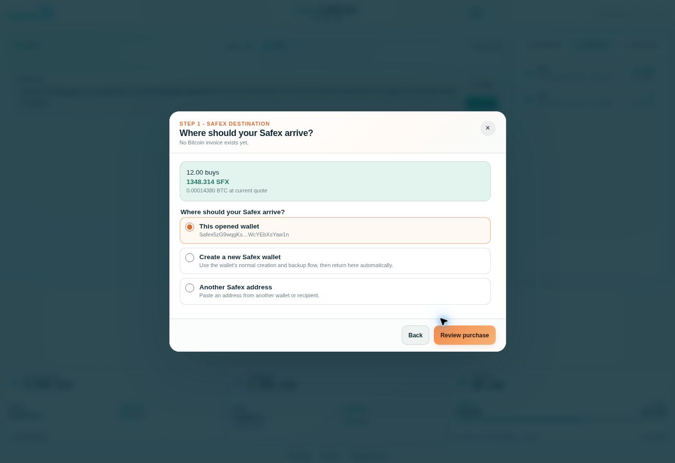Choose the wallet already open Safex Swap destination screen with This opened wallet selected, using the address ending WcYEbXsYaw1n.