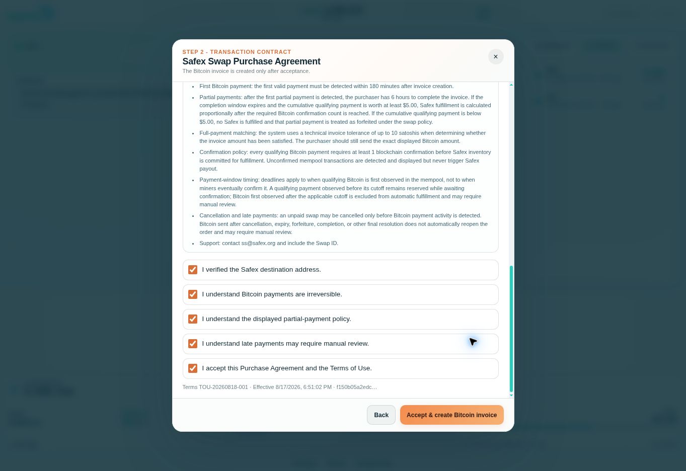 All five purchase acknowledgements checked Safex Swap Purchase Agreement with all five acknowledgement boxes checked and the invoice creation button visible.