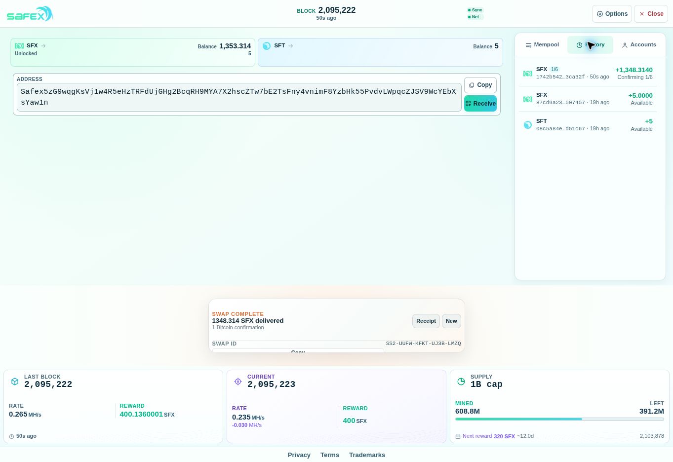 Purchased SFX appears in History Safex wallet History shows an incoming 1,348.314 SFX payment marked Confirming, and a total SFX balance of 1,353.314.