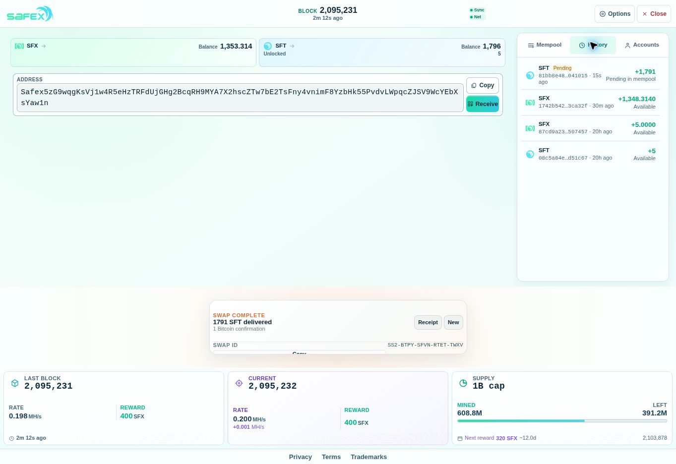 SFT pending in History, SFX available History shows the new plus 1,791 SFT payment as Pending in mempool and the earlier plus 1,348.314 SFX purchase as Available.