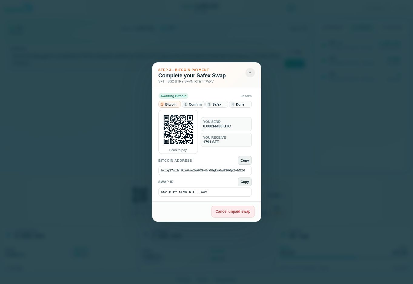 The separate Bitcoin invoice for SFT Safex Swap invoice asking for 0.00014430 BTC in exchange for 1,791 SFT, with a new Bitcoin address and a countdown of about three hours.